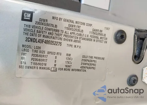 2008 Chevrolet Equinox Lt from USA, damaged, VIN 2CNDL43F486052276